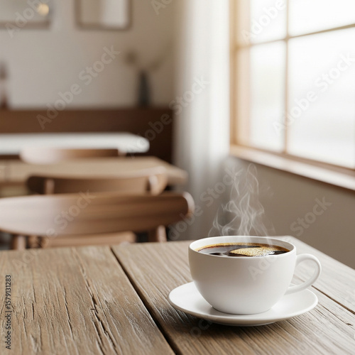 cup of coffee on wooden table