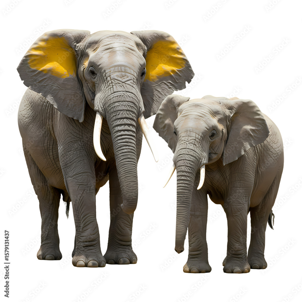 Fototapeta premium African Elephants A Pair of Majestic Beasts with Vibrant Yellow Ear Highlights isolated on transparent baackground