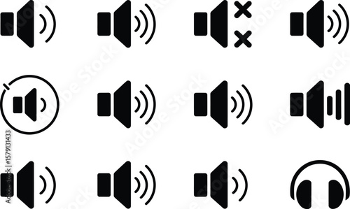 Black Speaker Icons with Sound Waves and Headphones on White Background
