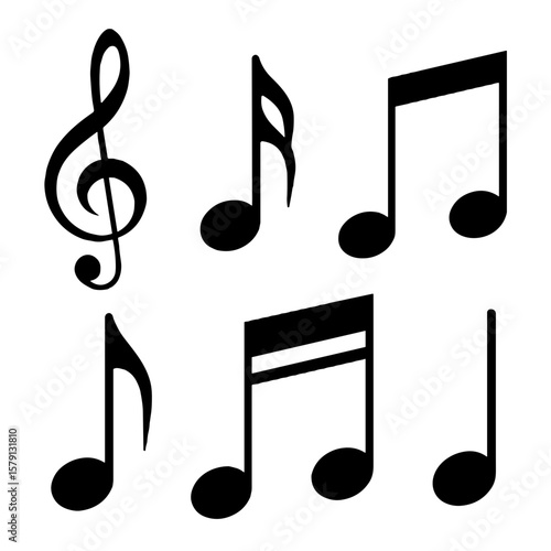 Set of black musical notes and clef icons in minimalist style, vector illustration for World Music Day and creative design