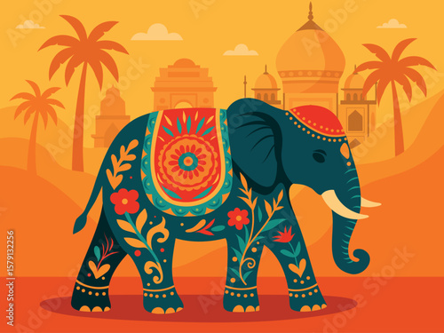 Vector illustration of elephant decorated with traditional floral patterns with Taj Mahal, India Gate in the background. For Republic Day, Independence Day, Diwali, travel, cards, tourism, posters