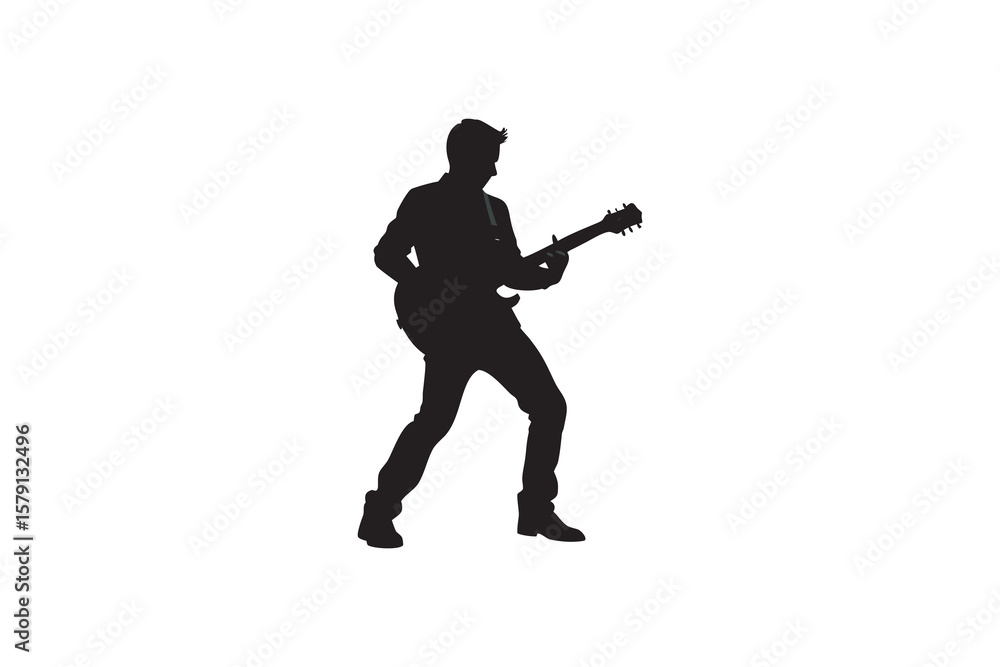 Silhouette of a male guitarist playing an electric guitar with passion isolated on a white background perfect for music related designs and artistic compositions Silhouette of a male guitarist playing an electric guitar with passion isolated on a white background perfect for music related designs and artistic compositions