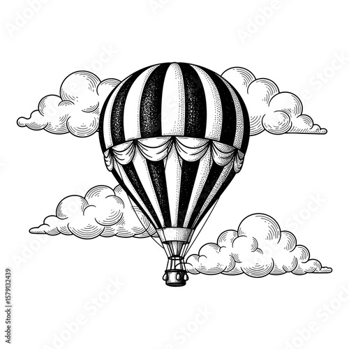 Vintage hot air balloon flying among clouds in monochrome illustration  