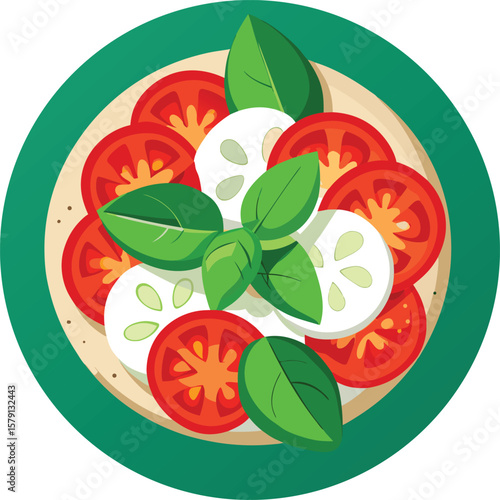 Fresh Vegetable and Produce Graphics Delicious Caprese Salad with Fresh Tomatoes, Mozzarella, and Basil on a Green Plate