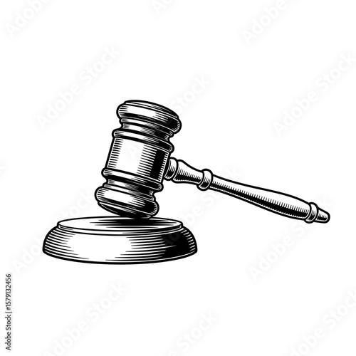 Court gavel on sound block in detailed monochrome vector style  
