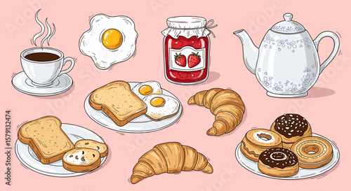 Breakfast spread with coffee, eggs, toast, and pastries on pink background  