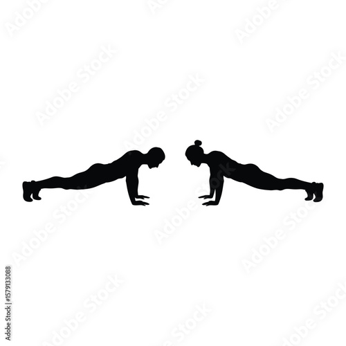 Two people are doing pushups facing each other in silhouette isolated on white background, representing a fitness challenge
