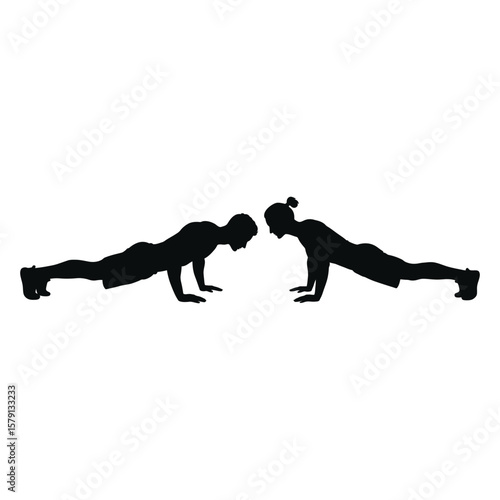 A silhouette of a man and woman doing pushups facing each other isolated on white background, showcasing a fitness routine