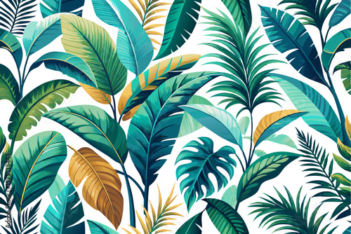 Banana leaves and palm fronds arranged in tropical bursts, seamless repeat, white background