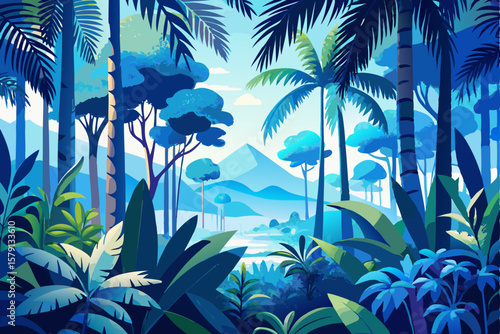 Blue jungle mural with tall royal palms and tropical fern layers, white background