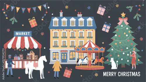 Festive holiday market scene with carousel and Christmas tree