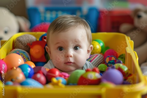 Cute baby playing with colorful educational toys in a yellow container, enjoying playtime and early development