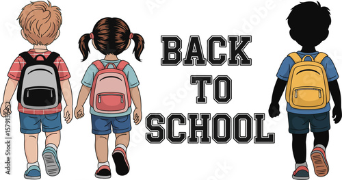 Back to school kids illustration: children with backpacks going to school vector graphic design 100 char