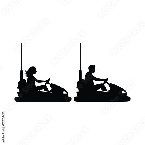 A man and woman are riding bumper cars at an amusement park, enjoying the fun and excitement, isolated on white background