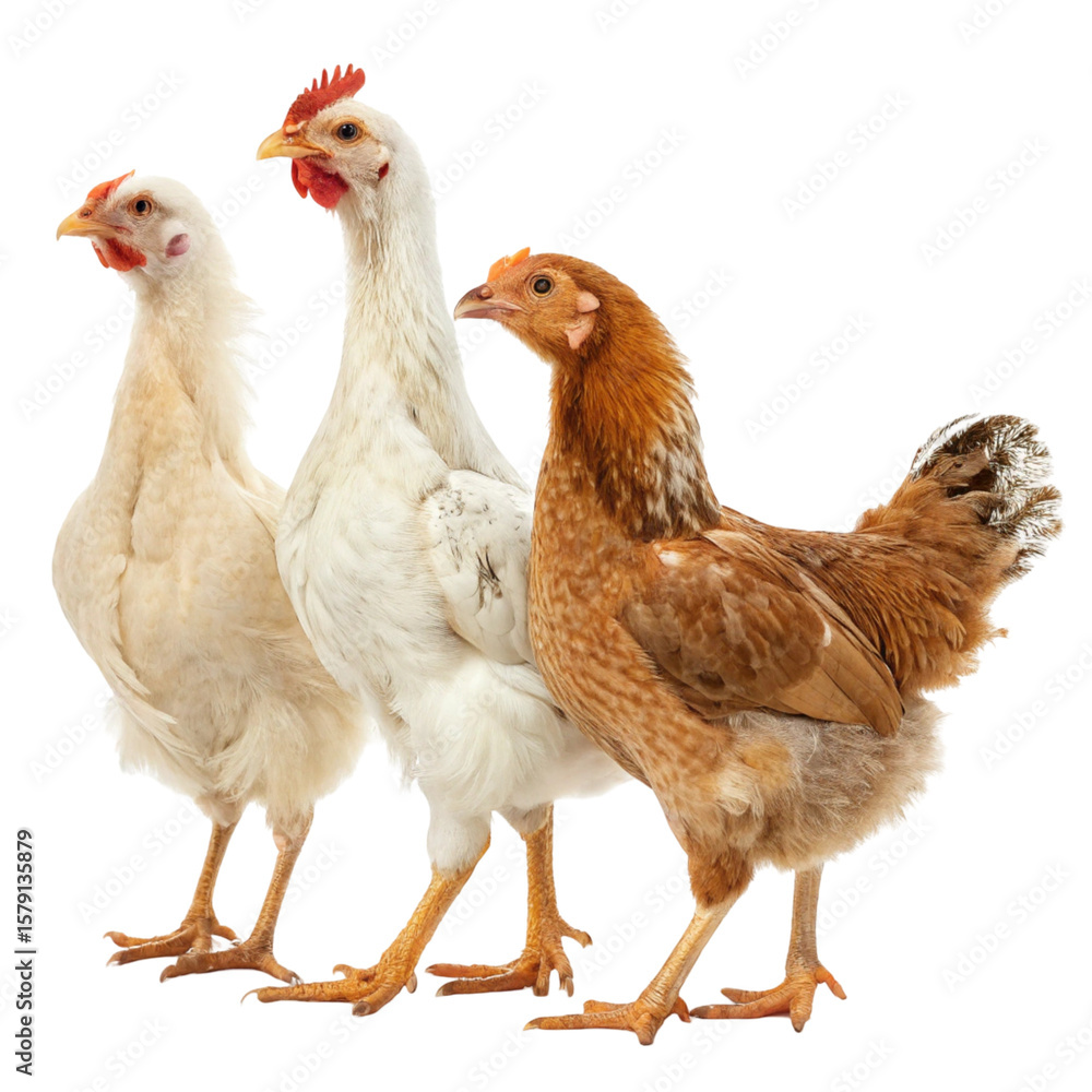 Fototapeta premium Three chickens in a row isolated on transparent background 