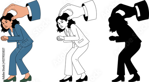 Illustration of workplace harassment touching head bullying woman in office sexual abuse and assault concept