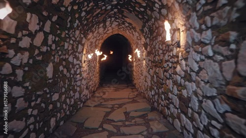 Torches illuminating a medieval stone tunnel within an ancient castle, casting flickering shadows and creating a mysterious, evocative atmosphere steeped in history and intrigue