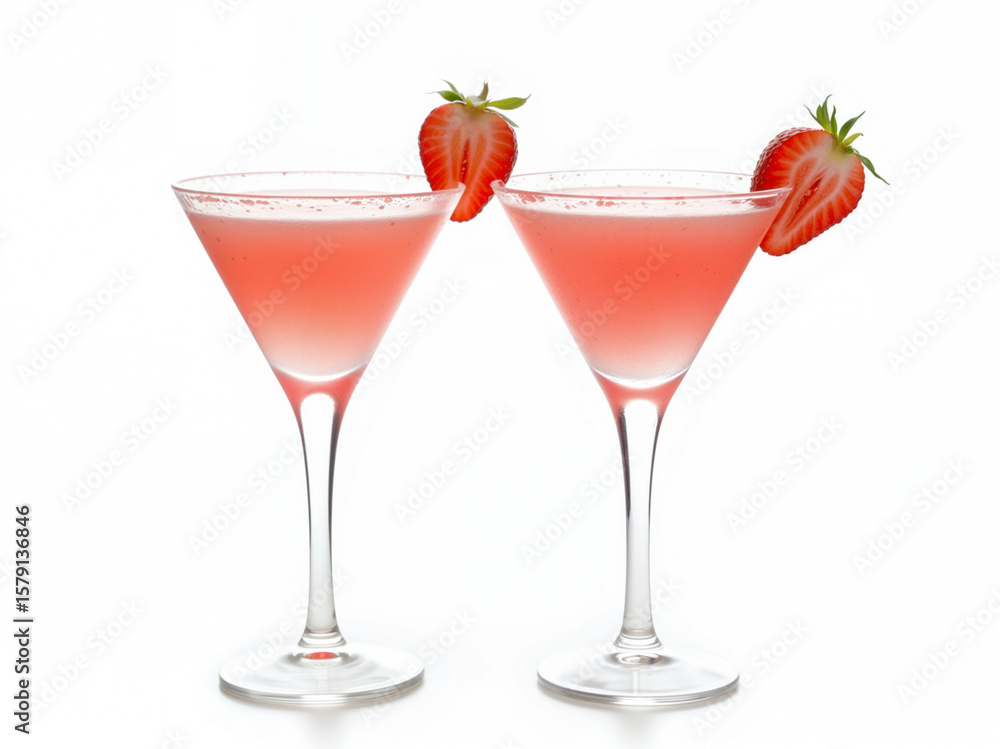 Refreshing pink cocktails with strawberries in elegant glasses isolated white background Refreshing pink cocktails with strawberries in elegant glasses isolated white background