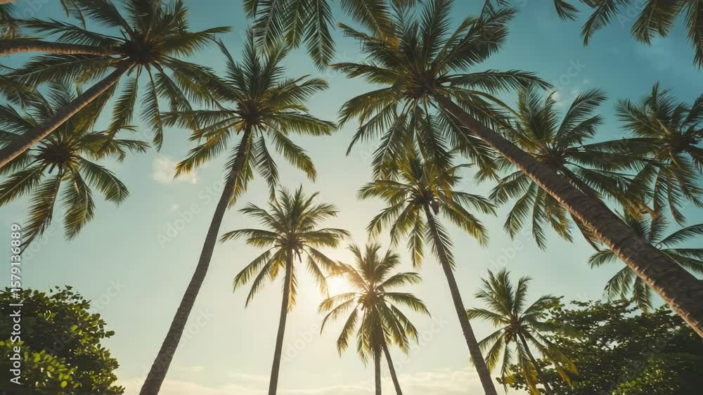 Majestic Sunset Over Tropical Palm Trees in a Lush Green Paradise, Casting Silhouettes Against a Vibrant Sky Majestic Sunset Over Tropical Palm Trees in a Lush Green Paradise, Casting Silhouettes Against a Vibrant Sky