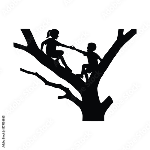 Silhouette of children climbing a tree and helping each other isolated on white background