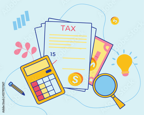 Tax filing and financial planning conceptual illustration with calculation and investment