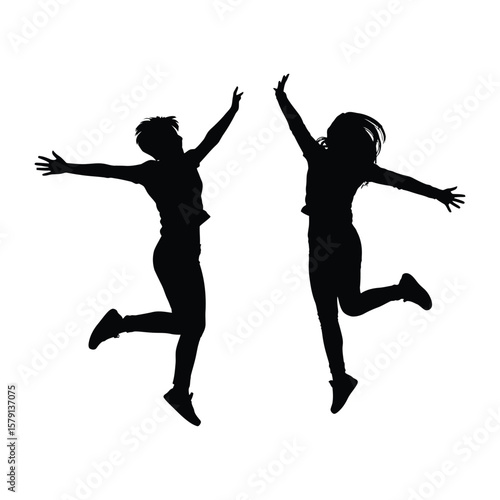 Silhouette of joyful women jumping in the air isolated on white background