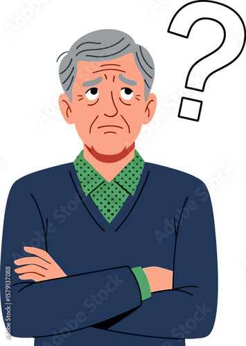 Confused senior man with question mark above head illustration for dementia alzheimer's awareness art