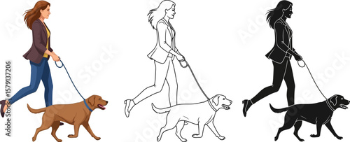 Woman walking dog vector art illustration set of color outline and silhouette style for design projects