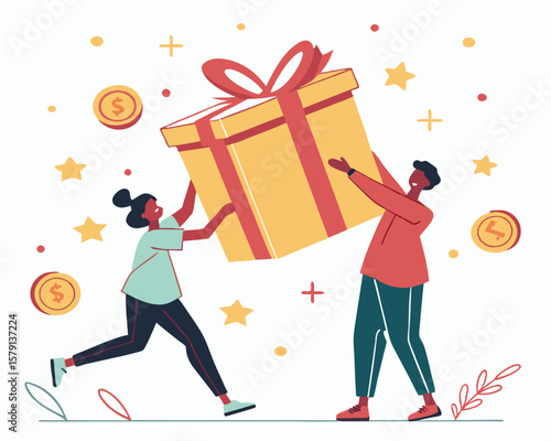 Two people lifting a large gift box celebrating giving and receiving presents