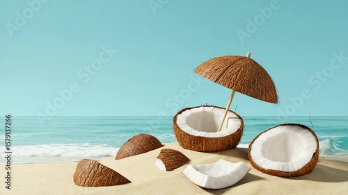 Wallpaper Mural A Serene Beach Scene Featuring Coconut Shells with Straw Umbrella on a Sandy Shore against a Clear Blue Ocean Background Torontodigital.ca