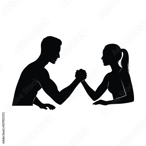 A man and woman are arm wrestling isolated on white background