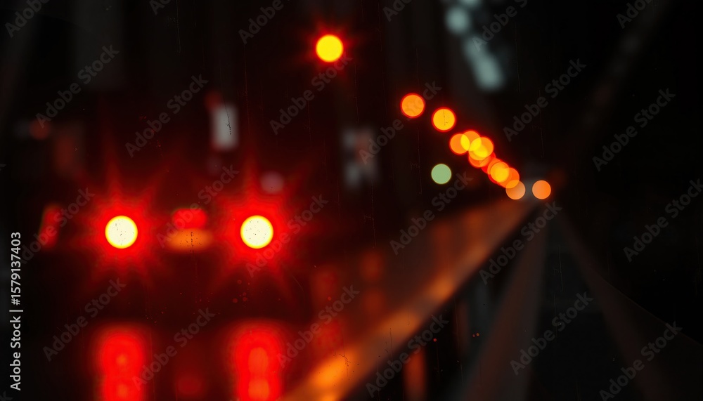 Fototapeta premium Red lights create blurry patterns in a dark tunnel, suggesting motion and speed.