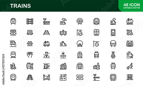 Train transport modern line icon set featuring professional, clean, and minimal vector illustrations. Includes railway, locomotive, and transit symbols.