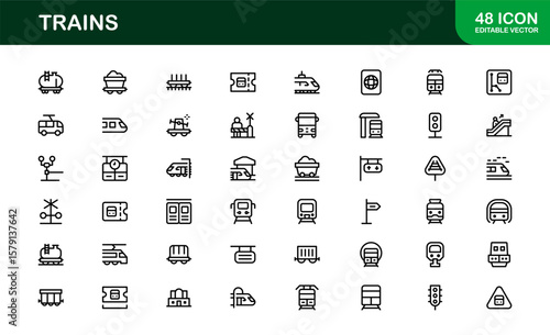 Train transport modern line icon set featuring professional, clean, and minimal vector illustrations. Includes railway, locomotive, and transit symbols.
