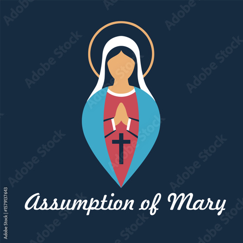 Mary text lettering handwritten and logo for the Assumption of Mary Celebration Day greeting in flat vector style. Virgin Mary icon vector. Assumption of Mary Poster, August 15