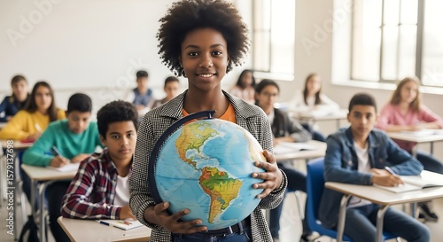 A smiling African-American student holds a globe in a classroom with other students sitting at desks, learning.