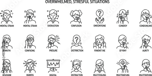 Overwhelmed, Stressful Situations line icon set. Vector pictograms of Mental strain, confusion, emotional pressure, anxiety, digital distraction, multitasking thin linear 