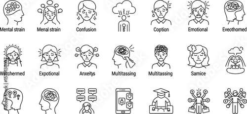 Overwhelmed, Stressful Situations line icon set. Vector pictograms of Mental strain, confusion, emotional pressure, anxiety, digital distraction, multitasking thin linear 