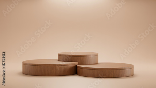 A minimalist 3D rendering of three circular wooden podiums stacked in a tiered arrangement against a solid beige background.