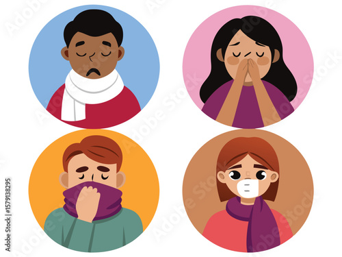 Illustrated people showing signs of sickness or illness in circular frames