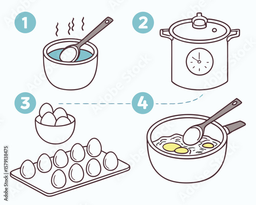 Illustrated steps to cook eggs in a simple step-by-step cooking instruction