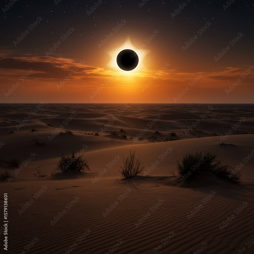 Fototapeta premium A stunning solar eclipse dramatically illuminates a vast desert landscape with sand dunes and sparse vegetation under a dramatic orange-tinged sky. 