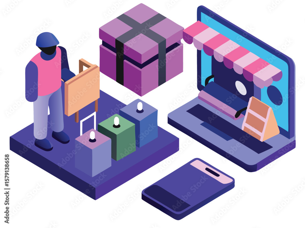 Obraz premium Isometric e-commerce concept illustrating online shopping with computer and smartphone elements