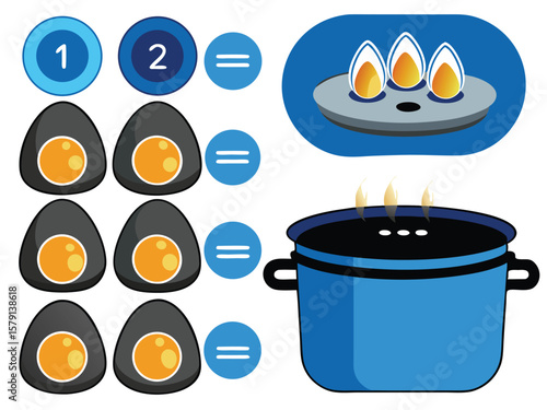 Illustration of eggs being cooked with math equation components transparent background