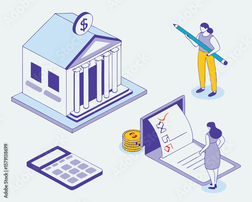 Isometric financial planning and banking operations with people and assets
