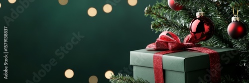 Festive Green Gift Box Under Christmas Tree - A green gift box with a red ribbon sits under a decorated Christmas tree against a dark green background