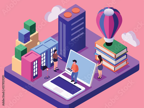 Isometric illustration of modern city with people and technology elements on a pink backdrop