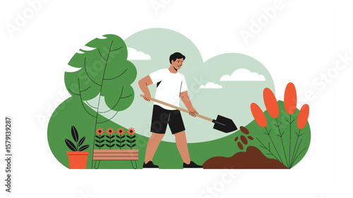 A man is digging soil in his garden with a shovel on a sunny day surrounded by plants and flowers, cultivating the land with care and dedication