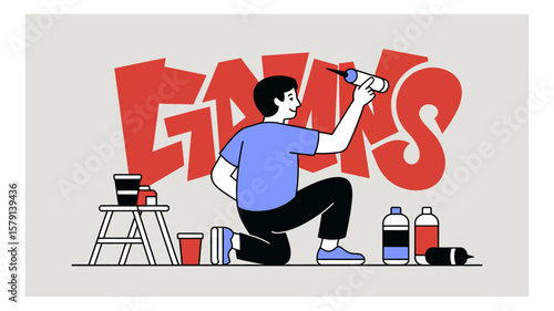 Cartoon handyman applying sealant with a caulking gun in front of bold red graffiti letters, kneeling amidst painting supplies and equipment