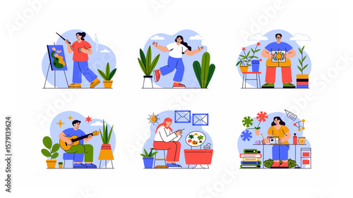 Creative pursuits and hobbies showcase diverse talents and interests in illustration format
